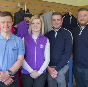 Golf students Michael Schinkel, Caitlin Boa, Alistair McNaughton and Graham Minton at Golspie Golf Club shop